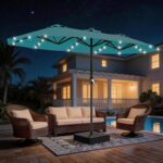 13 ft Solar LED Double-Sided Patio Umbrella, 6.5 x 13 ft Rectangular Canopy with Crank