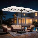13 ft Solar LED Double-Sided Patio Umbrella, 6.5 x 13 ft Rectangular Canopy with Crank