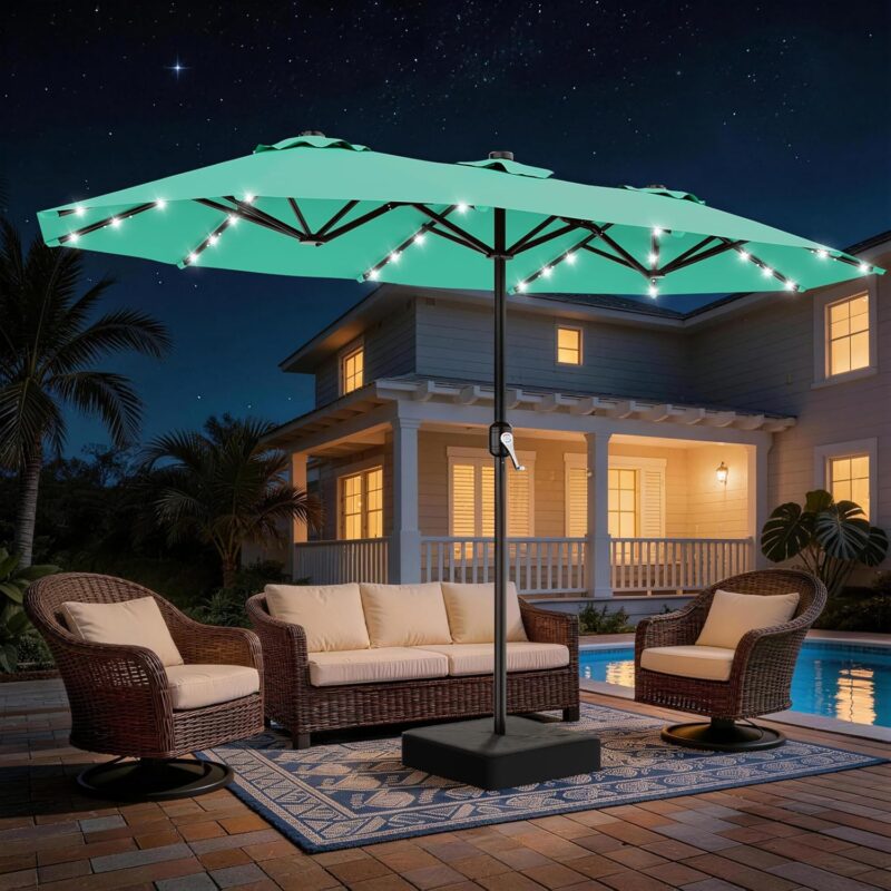 13 ft Solar LED Double-Sided Patio Umbrella, 6.5 x 13 ft Rectangular Canopy with Crank - Cerulean / 6.5x13 Ft
