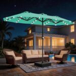 13 ft Solar LED Double-Sided Patio Umbrella, 6.5 x 13 ft Rectangular Canopy with Crank - Light Gray / 6.5x13 Ft