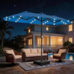13 ft Solar LED Double-Sided Patio Umbrella, 6.5 x 13 ft Rectangular Canopy with Crank